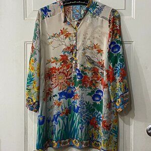 Johnny Was Silk Sz S  Blouse Popover Tunic 3/4 Sleeve Multicolor Floral/Birds